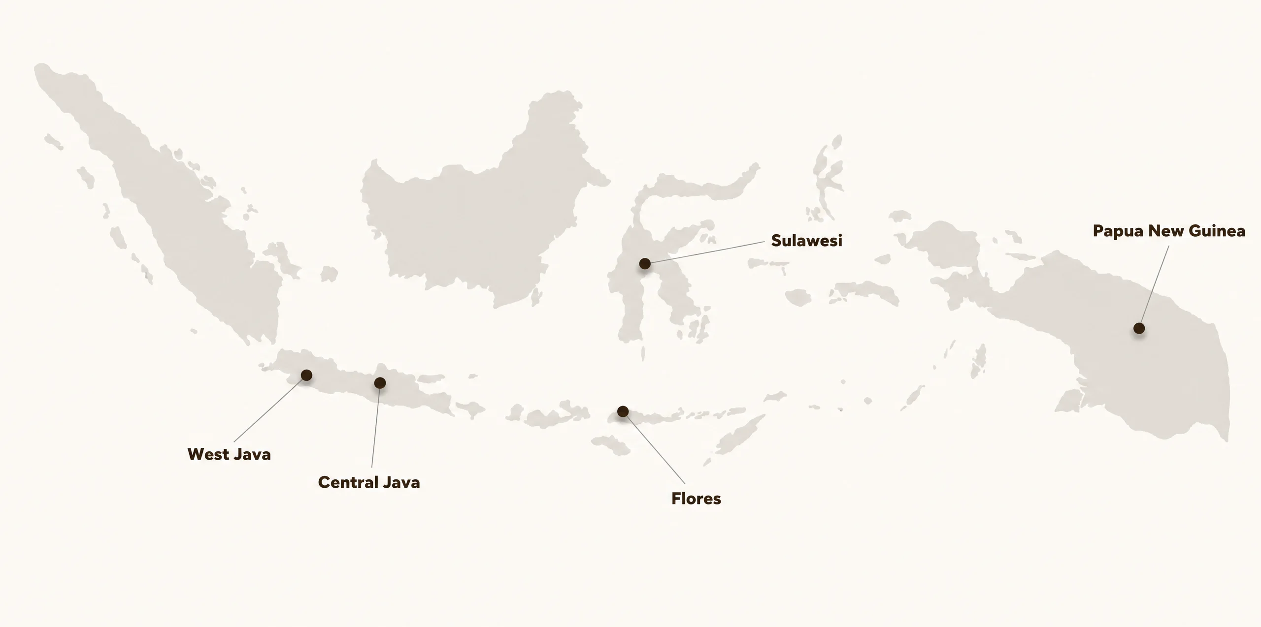 Map showing Familya Vanilla sourcing regions across Indonesia — Papua, Sulawesi, Java, Bali, and Sumatra